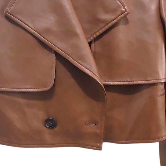 7 For All Mankind Cognac Brown Faux Leather Cropped Moto Jacket S Quiet Luxury - Picture 10 of 15
